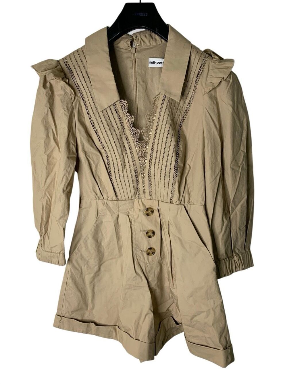 Self-Portrait Corded Lace Trimmed Cotton-Poplin Playsuit neutral women's size 4 - Picture 2 of 4